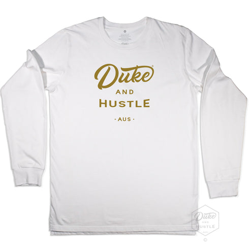 Unisex Duke and Hustle Gold Logo Long Sleeve Tee on Australian Cotton, White, Front