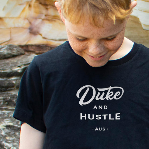 Kids’ Duke and Hustle Logo T Shirt on Australian Cotton, Black, Front