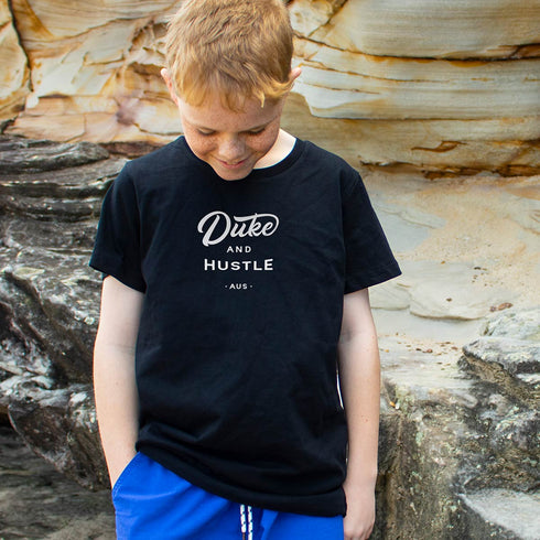 Kids’ Duke and Hustle Logo Contemporary Fit T Shirt on Australian Cotton, Black, Front