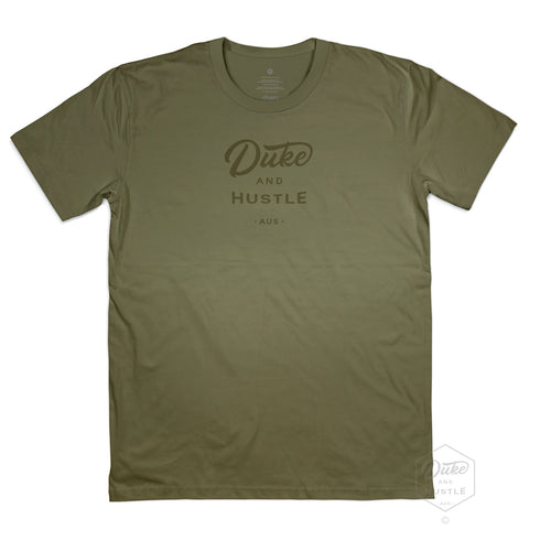 Men’s Duke and Hustle Logo T Shirt on Australian Cotton, Khaki, Front