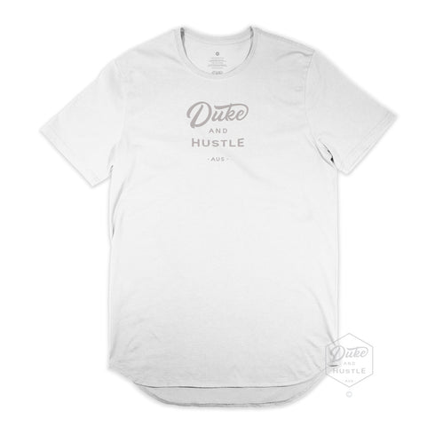 Men’s Duke and Hustle Logo Long Curved T Shirt on Australian Cotton, White, Front