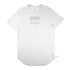 Men’s Duke and Hustle Logo Long Curved T Shirt on Australian Cotton, White, Front