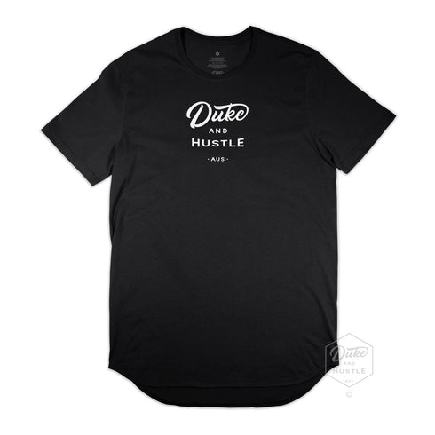 Men’s Duke and Hustle Logo Long Curved T Shirt on Australian Cotton, Black, Front