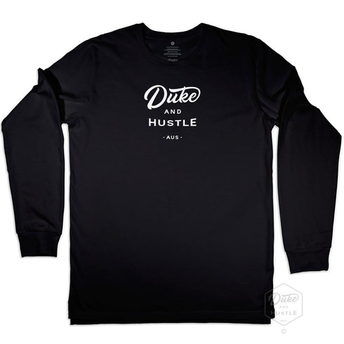 Unisex Duke and Hustle Logo Long Sleeve Tee on Australian Cotton, Black, Front
