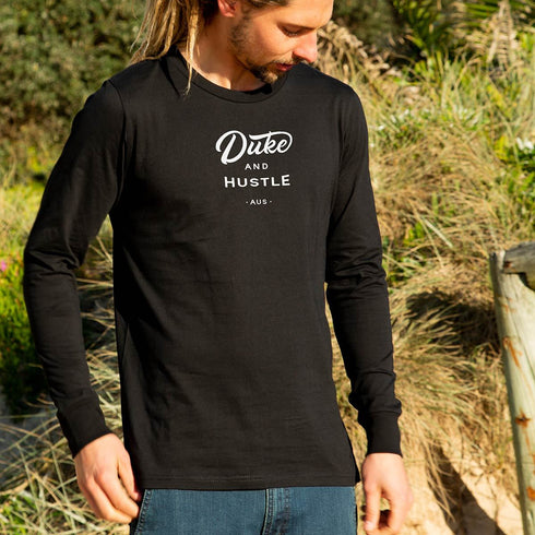 Unisex Duke and Hustle Logo Long Sleeve Tee on Australian Cotton, Black, Front