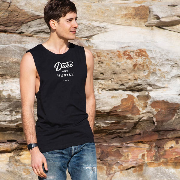 Men’s Duke and Hustle Logo Muscle Tank on Australian Cotton, Khaki, Front