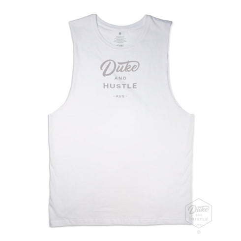 Men’s Duke and Hustle Logo Muscle Tank on Australian Cotton, White, Front