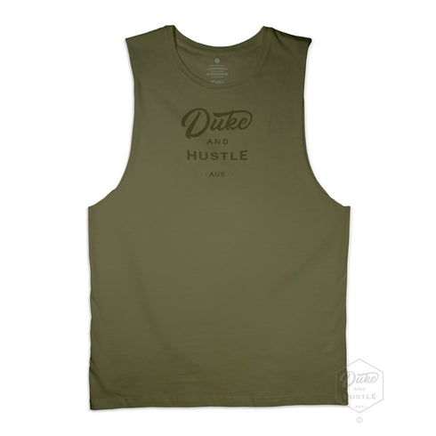 Men’s Duke and Hustle Logo Muscle Tank on Australian Cotton, Khaki, Front