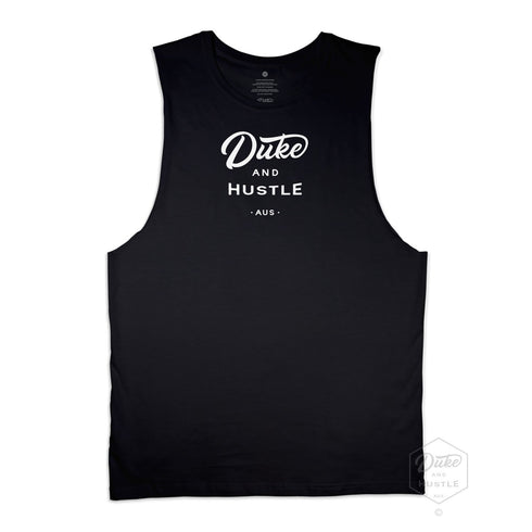 Men’s Duke and Hustle Logo Muscle Tank on Australian Cotton, Black, Front