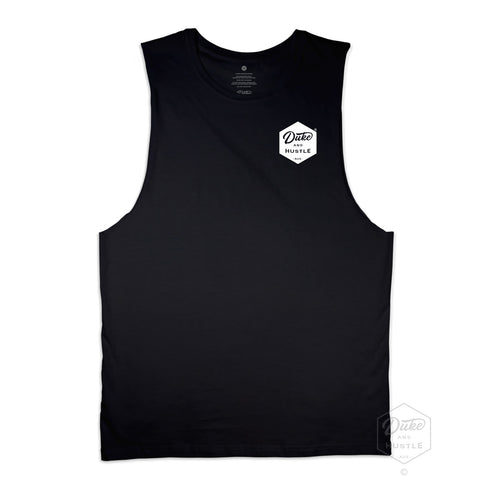 The Six Sider, our basic Pocket Logo Muscle Tank, in Navy, front, chest pocket logo in white