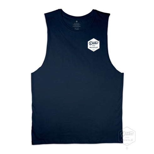 The Six Sider, our basic Pocket Logo Muscle Tank, in Navy, front, chest pocket logo in white