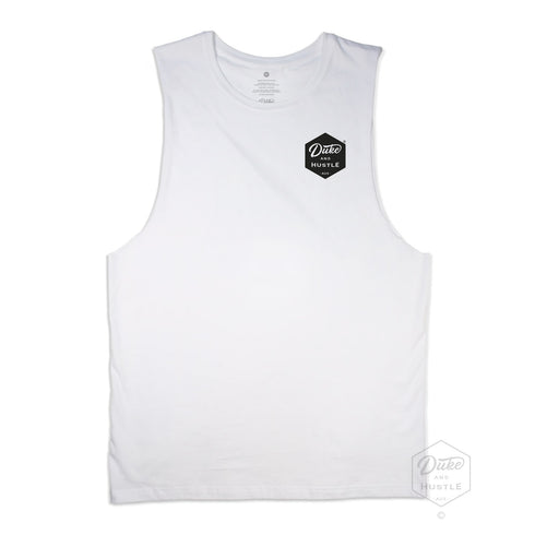 The Six Sider, our basic Pocket Logo Muscle Tank, in White, front, chest pocket logo in black