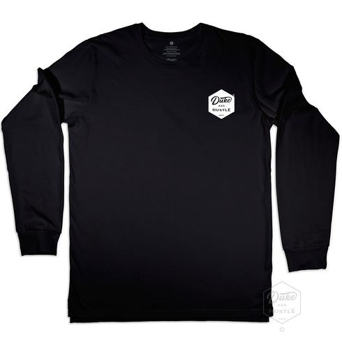 The Six Sider, our basic Unisex Long Sleeve Logo Tee, in black, front, chest pocket logo in white
