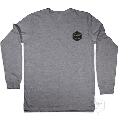 The Six Sider, our basic Unisex Long Sleeve Logo Tee, in Grey Marle, front, chest pocket logo in black