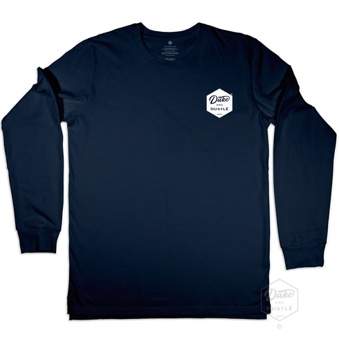 The Six Sider, our basic Unisex Long Sleeve Logo Tee, in Navy, front, chest pocket logo in white