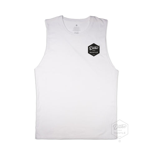 The Six Sider, our basic Women's Logo Muscle Tank, in Black, front, chest pocket logo in black