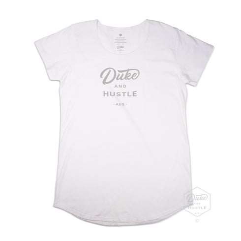 Women’s Duke and Hustle Logo Long Curve Tshirt on Australian Cotton, White, Front
