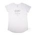 Women’s Duke and Hustle Logo Long Curve Tshirt on Australian Cotton, White, Front