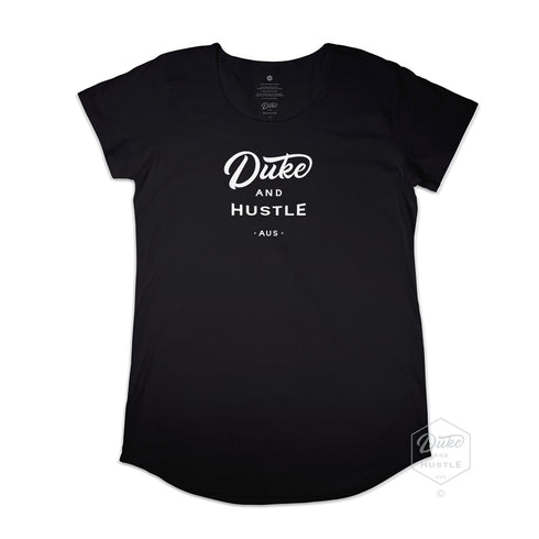 Women’s Duke and Hustle Logo Long Curve Tshirt on Australian Cotton, Black, Front