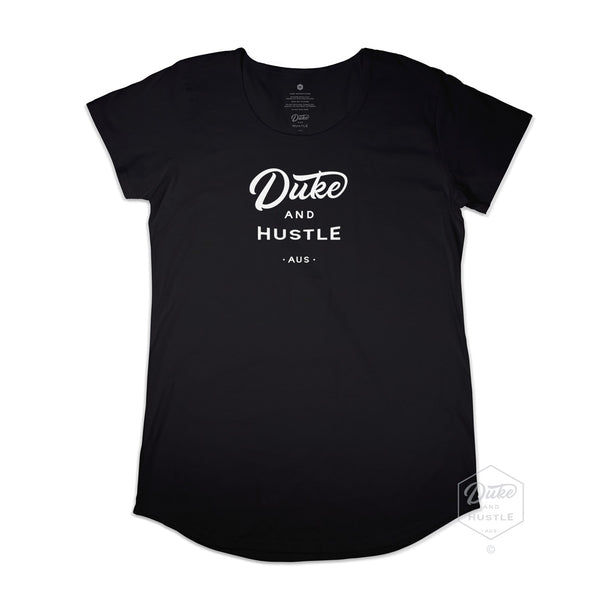 Women’s Duke and Hustle Logo Long Curve Tshirt on Australian Cotton, Black, Front