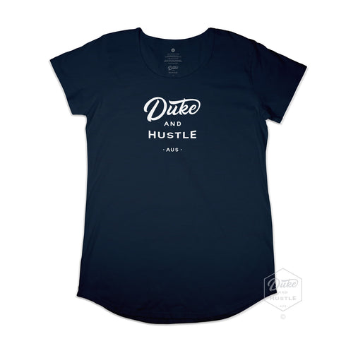 Women’s Duke and Hustle Logo Long Curve Tshirt on Australian Cotton, Navy, Front