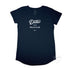 Women’s Duke and Hustle Logo Long Curve Tshirt on Australian Cotton, Navy, Front