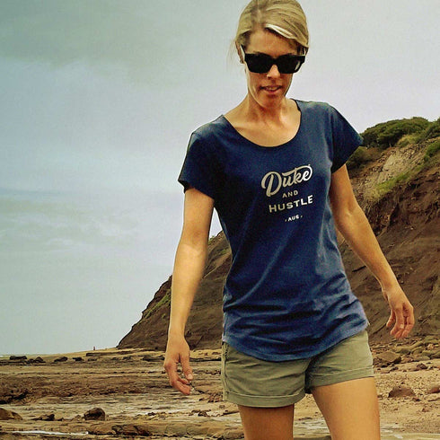 The Women’s Long Curve Tee, modelled by Ash, in navy