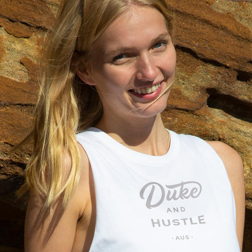 Women’s Duke and Hustle Logo Raw Hem Muscle Tank on Australian Cotton, White, Front