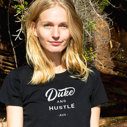 Women’s Duke and Hustle Logo Slim Fit Tshirt on Australian Cotton, Black, Front Close Up