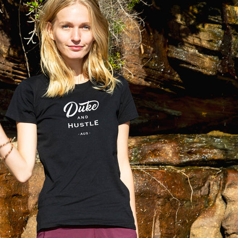 Women’s Duke and Hustle Logo Slim Fit Tshirt on Australian Cotton, Black, Front
