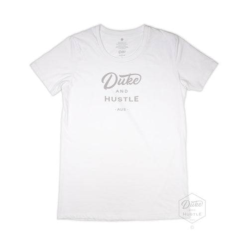 Women’s Duke and Hustle Logo Slim Fit Tshirt on Australian Cotton, White, Front