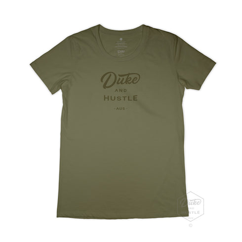 Women’s Duke and Hustle Logo Slim Fit Tshirt on Australian Cotton, Khaki, Front