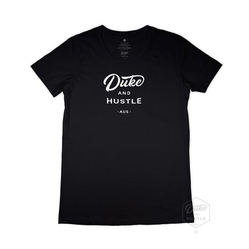 Women’s Duke and Hustle Logo Slim Fit Tshirt on Australian Cotton, Black, Front