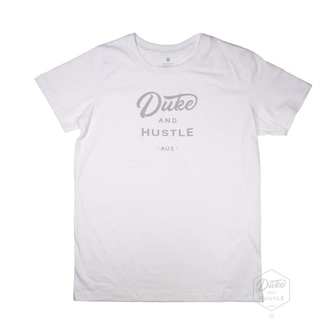 Kids’ Duke and Hustle Logo T Shirt on Australian Cotton, White, Front
