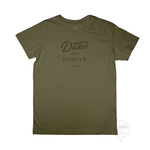 Kids’ Duke and Hustle Logo T Shirt on Australian Cotton, Khaki, Front