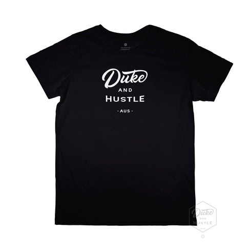 Kids’ Duke and Hustle Logo T Shirt on Australian Cotton, Black, Front