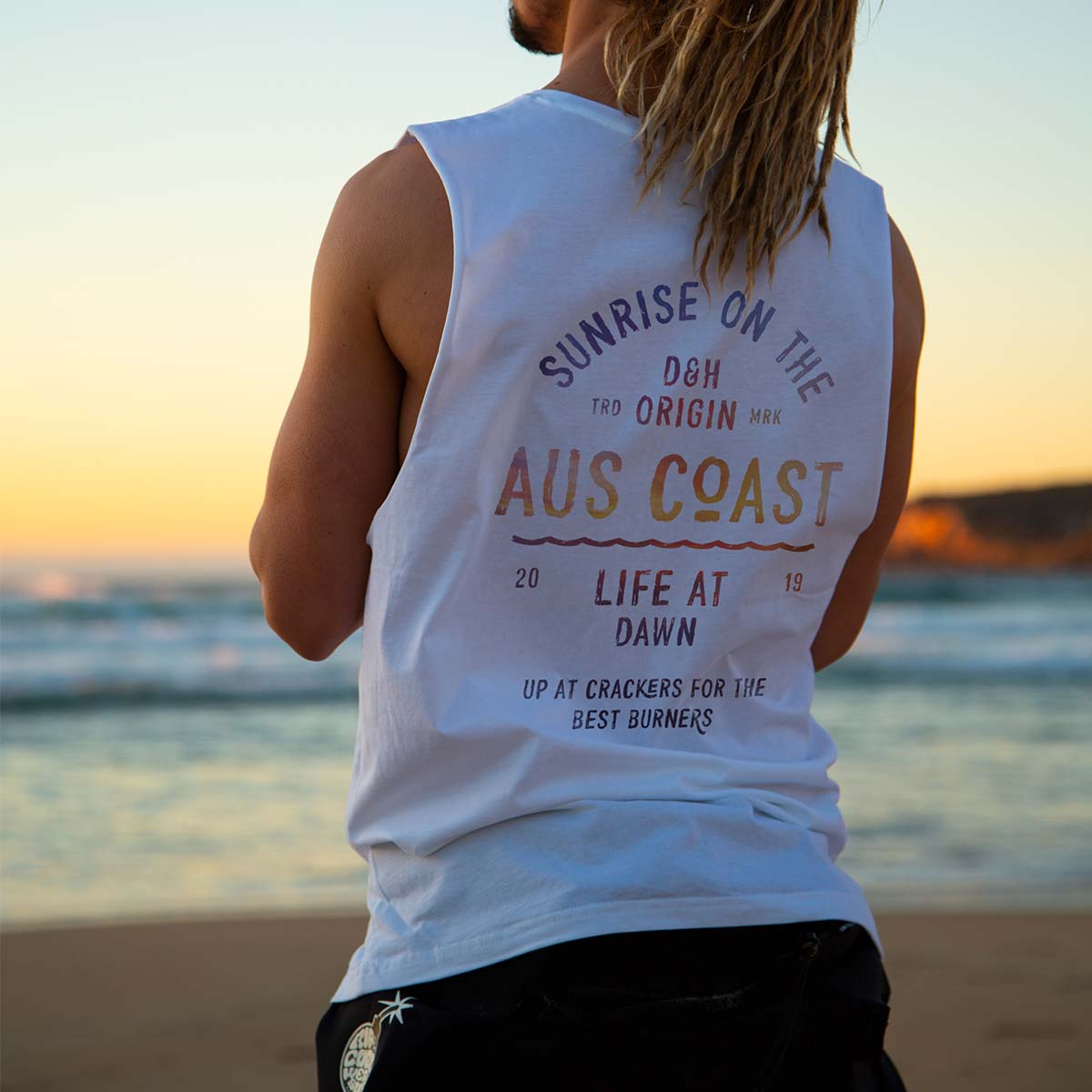 The Early Riser, Men’s Graphic Muscle Tank, modelled, White, Back