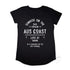 The Early Riser, Women’s Graphic Long Curve T Shirt, Flat Lay, Black, Back