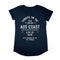 The Early Riser, Women’s Graphic Long Curve T Shirt, Flat Lay, Navy, Back