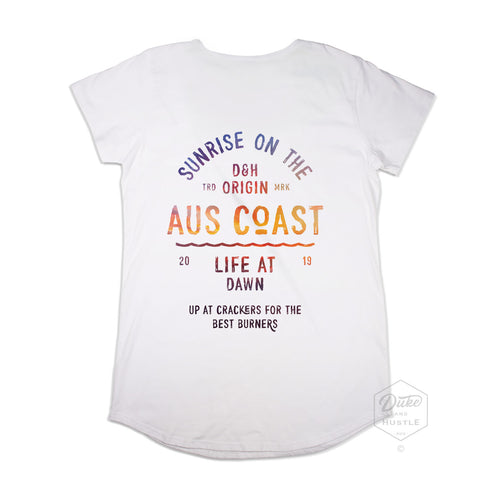 The Early Riser, Women’s Graphic Long Curve T Shirt, Flat Lay, White, Back