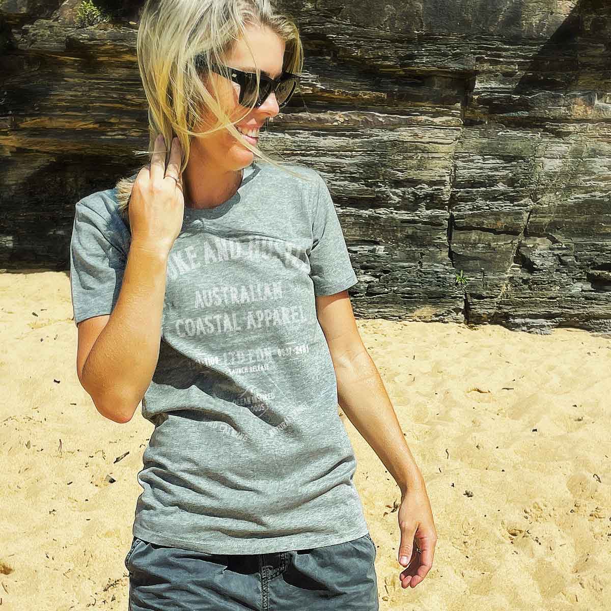 The Feint Parallel, modelled on our Women’s Slim Fit tee, in Grey Marle
