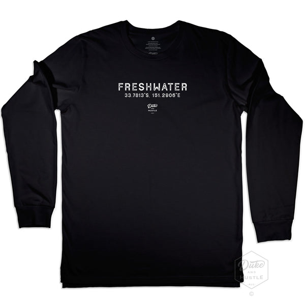 Freshwater Beach Graphic, Printed, Cotton Long Sleeve Shirt, Black, Front