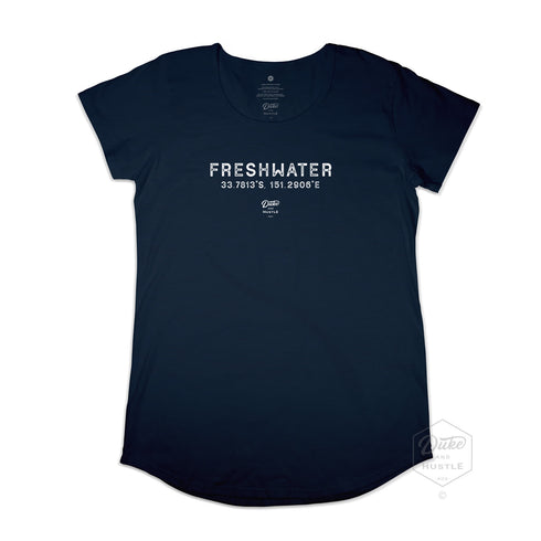 Freshwater Beach Graphic, Women’s Cotton T Shirt, Laid Flat, Navy, Front