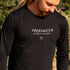 Men’s Long Sleeve Cotton T Shirt with Freshwater Beach graphic design, Black, Front, close up on male model