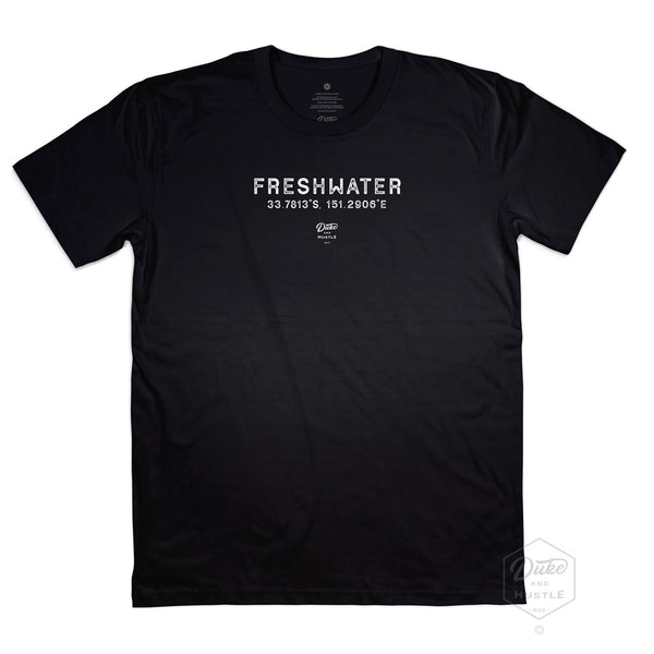 Freshwater Men’s Graphic T Shirt on Australian Cotton, Black, Front