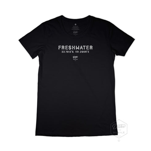 Freshwater Women’s Graphic T Shirt on Australian Cotton, Black, Front