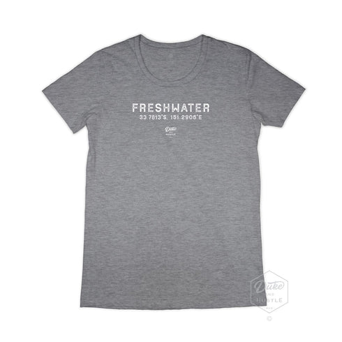 Freshwater Women’s Graphic T Shirt on Australian Cotton, Grey Marle, Front