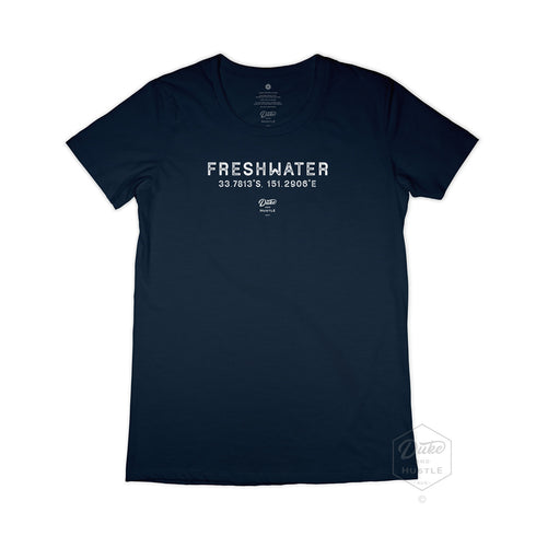 Freshwater Women’s Graphic T Shirt on Australian Cotton, Navy, Front