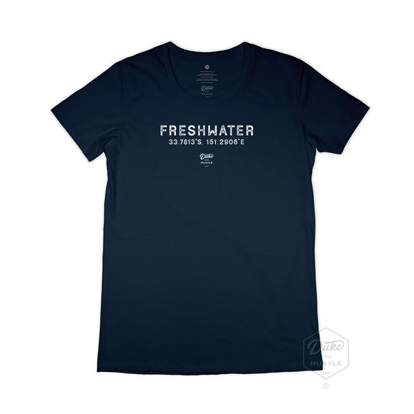 Freshwater Women’s Graphic T Shirt on Australian Cotton, Navy, Front
