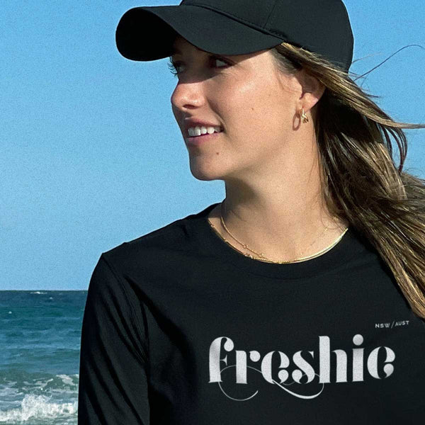 Freshwater Beach Graphic, Long Sleeve T Shirt, 100% Cotton, Black, Front, modelled by Em, Close Up